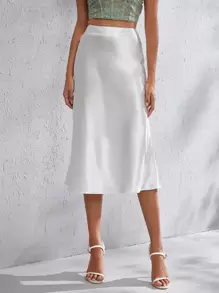 SHEIN BAE Zipper Side Solid Satin Skirt - White - View 3