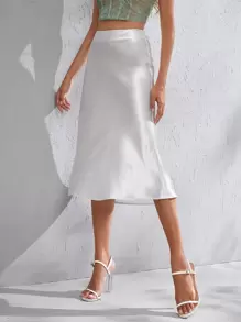 SHEIN BAE Zipper Side Solid Satin Skirt - White - View 4