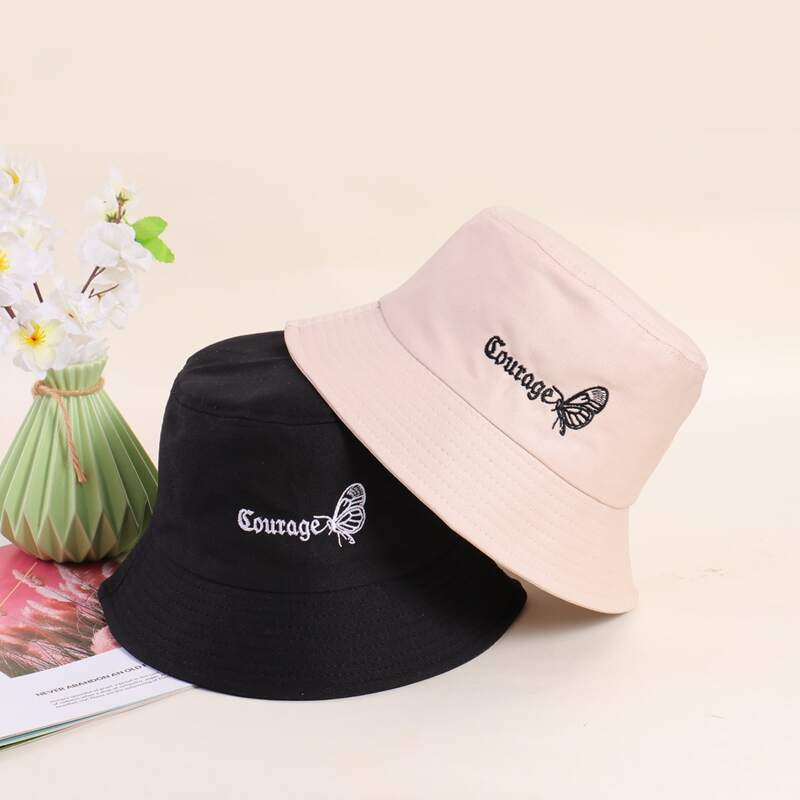 

2pcs Guys Letter & Butterfly Embroidered Bucket Hat, Multicolor
