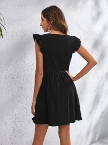 SHEIN Floral Embroidered Butterfly Sleeve Dress - Black - View 2