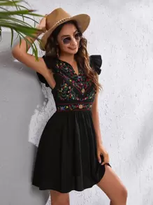 SHEIN Floral Embroidered Butterfly Sleeve Dress - Black - View 4