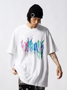 男士落肩字母圖案T恤 - 白色 - 查看 1