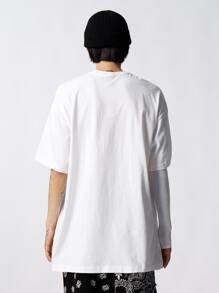 男士落肩字母圖案T恤 - 白色 - 查看 2