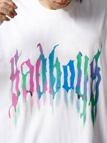 男士落肩字母圖案T恤 - 白色 - 查看 4