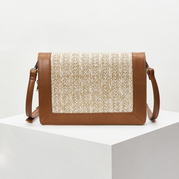 

STRAW DESIGN VACATION CROSSBODY BAG, Brown