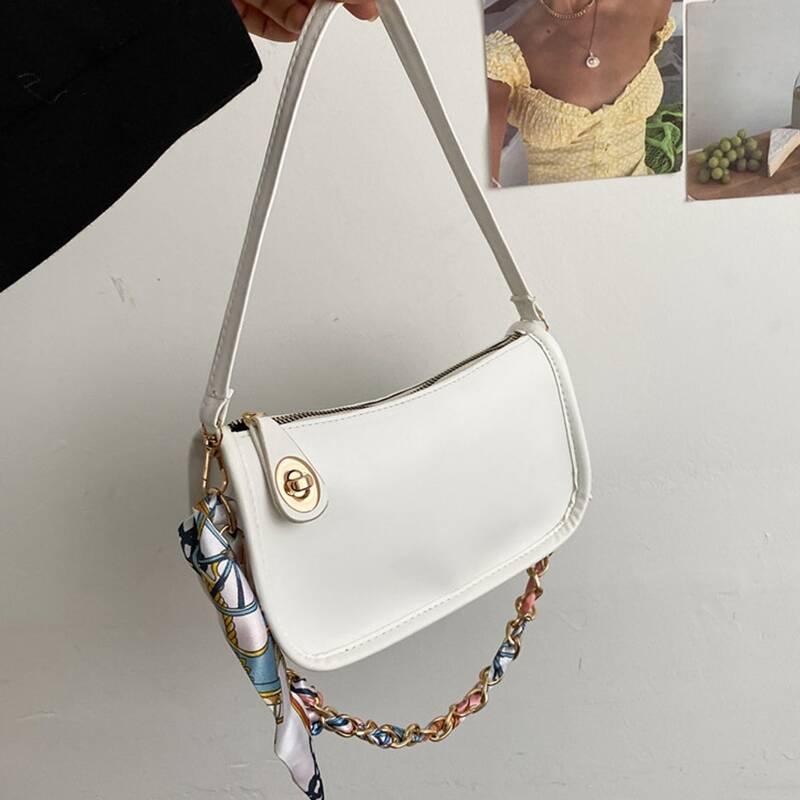 

Twilly Scarf Decor Turn-lock Baguette Bag, White