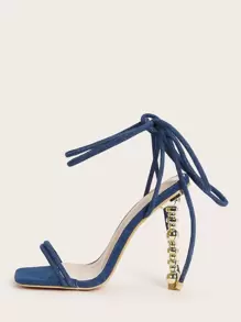 Thin Strap Sculptural Heeled Gladiator Sandals - Blue - View 1