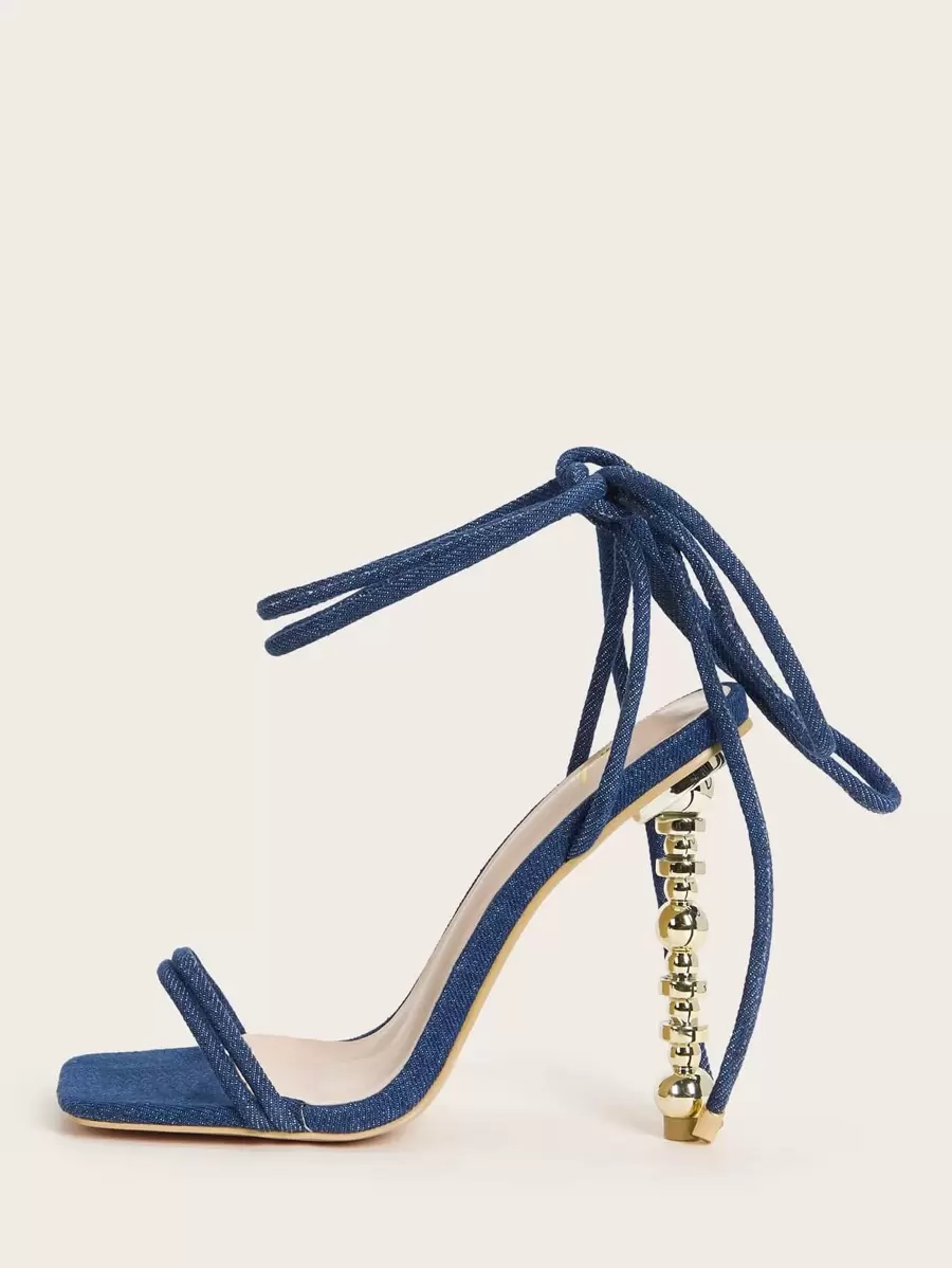 Thin Strap Sculptural Heeled Gladiator Sandals - Blue - View 1