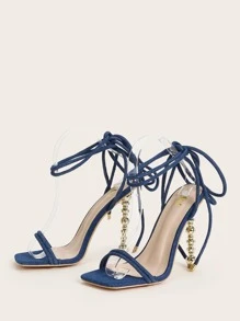 Thin Strap Sculptural Heeled Gladiator Sandals - Blue - View 2
