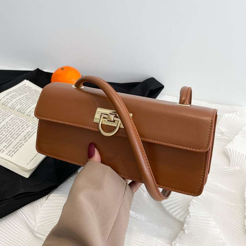

Metal Lock Flap Shoulder Bag, Brown