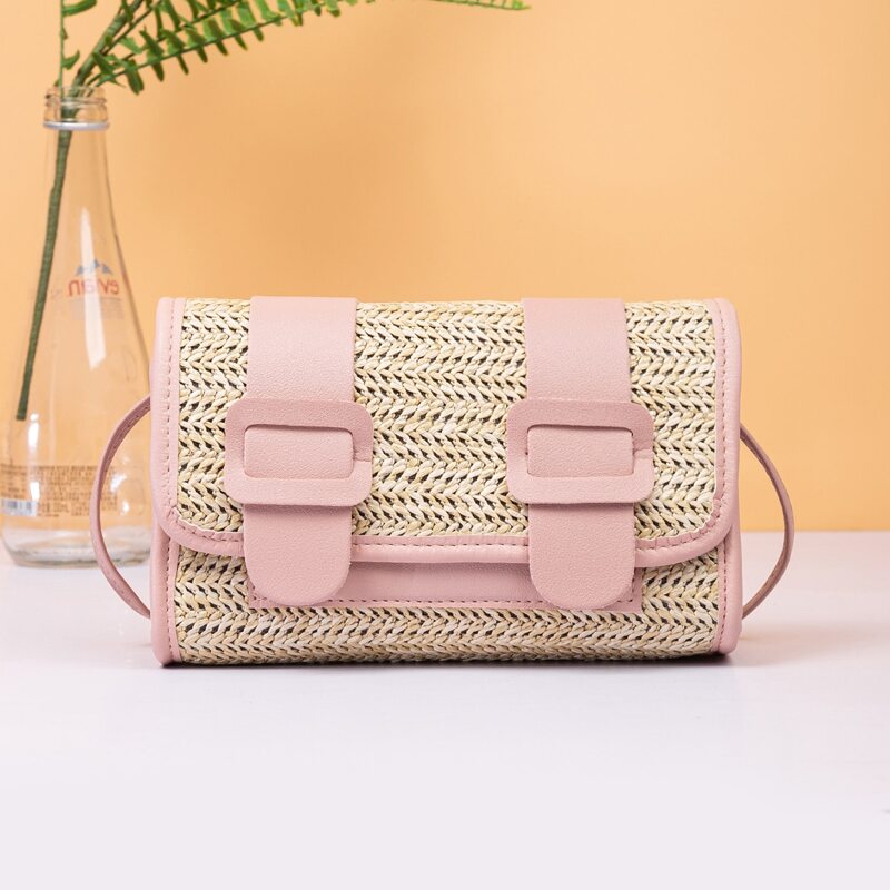 

Contrast Binding Straw Bag, Pink