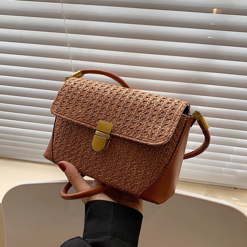 

Metal Lock Straw Bag, Brown