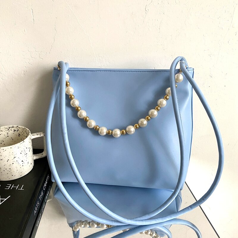 

Faux Pearl Decor Satchel Bag, Blue