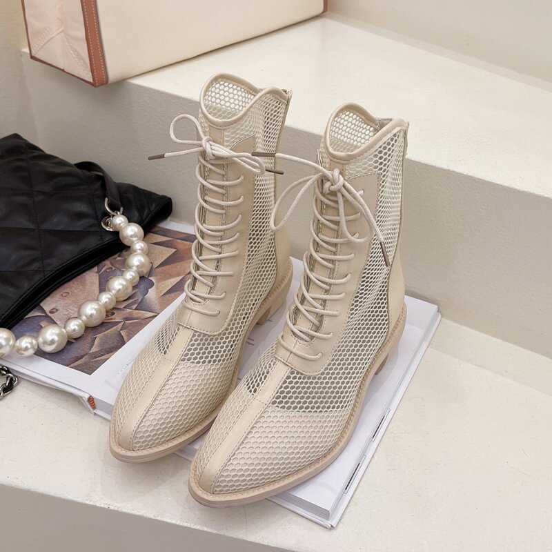 

Lace Up Front Fishnet Mid Calf Boots, Beige