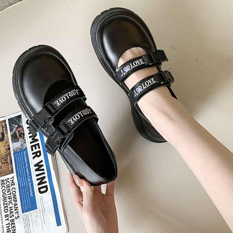 

Letter Graphic Release Buckle Mary Jane Flats, Black
