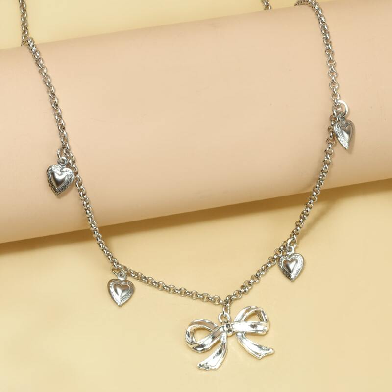 

Bow & Heart Charm Necklace, Silver