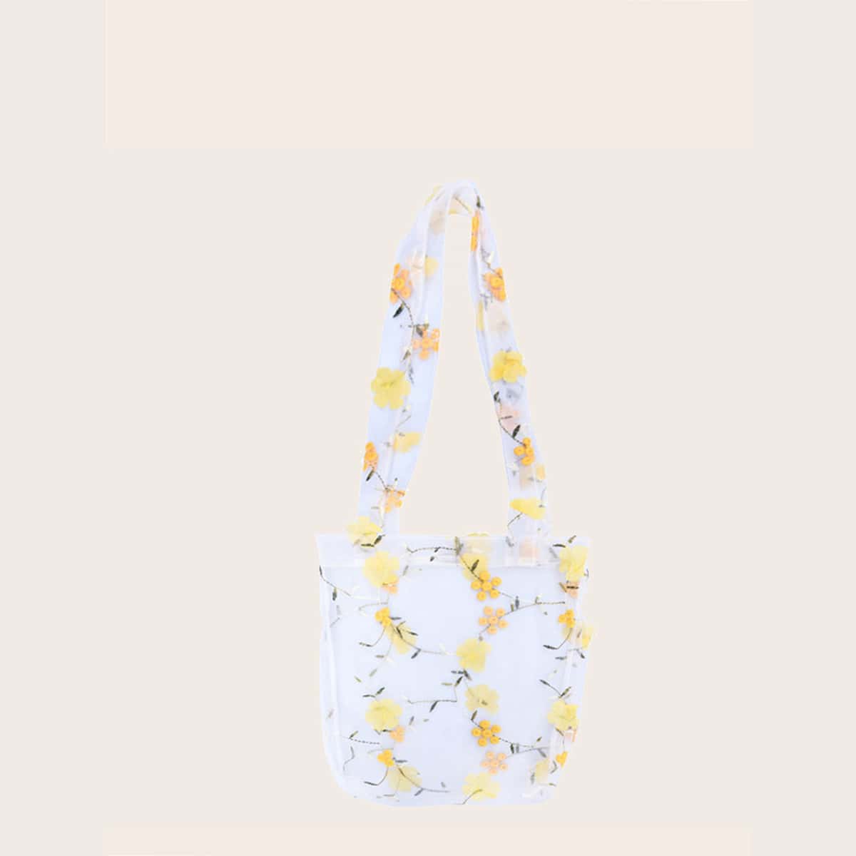 

Flower Embroidered Sheer Mesh Tote Bag, Clear