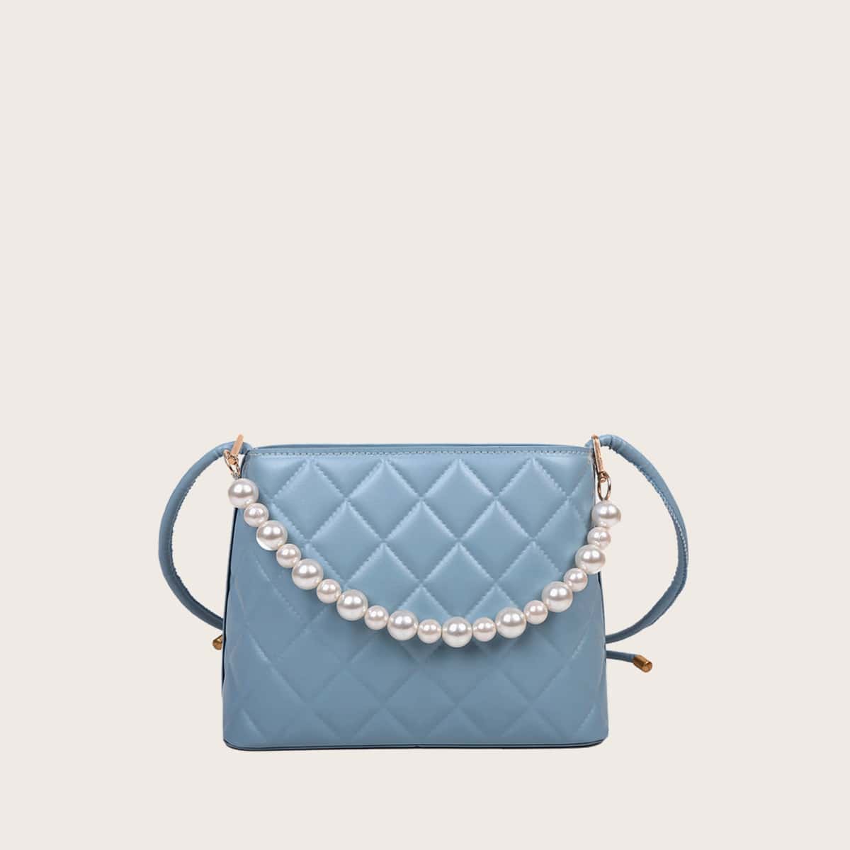 

Faux Pearl Handle Quilted Satchel Bag, Blue