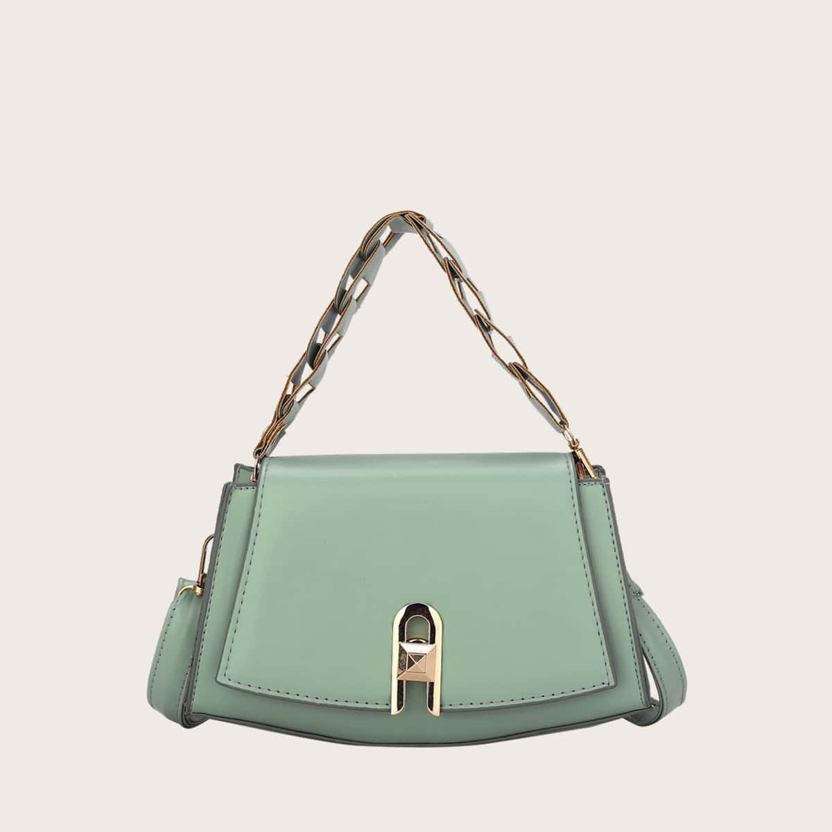 

Metal Lock Chain Satchel Bag, Green