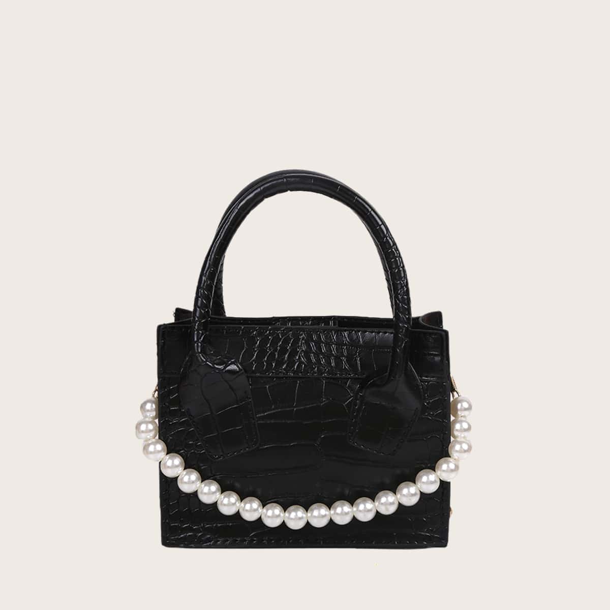 

Croc Embossed Satchel Bag, Black