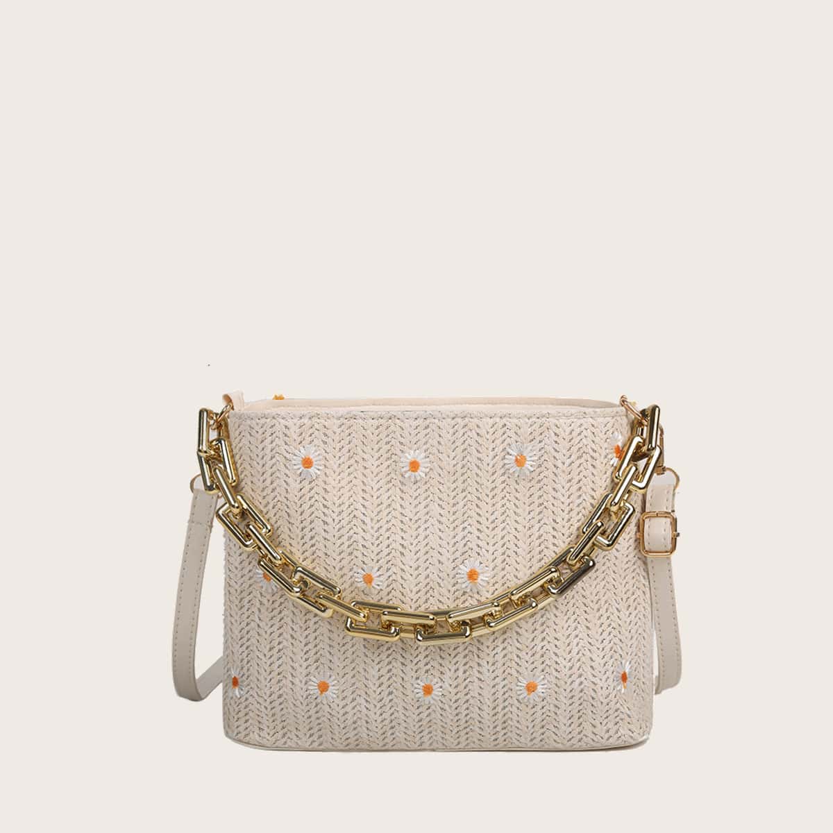 

Floral Decor Chain Straw Bag, Beige