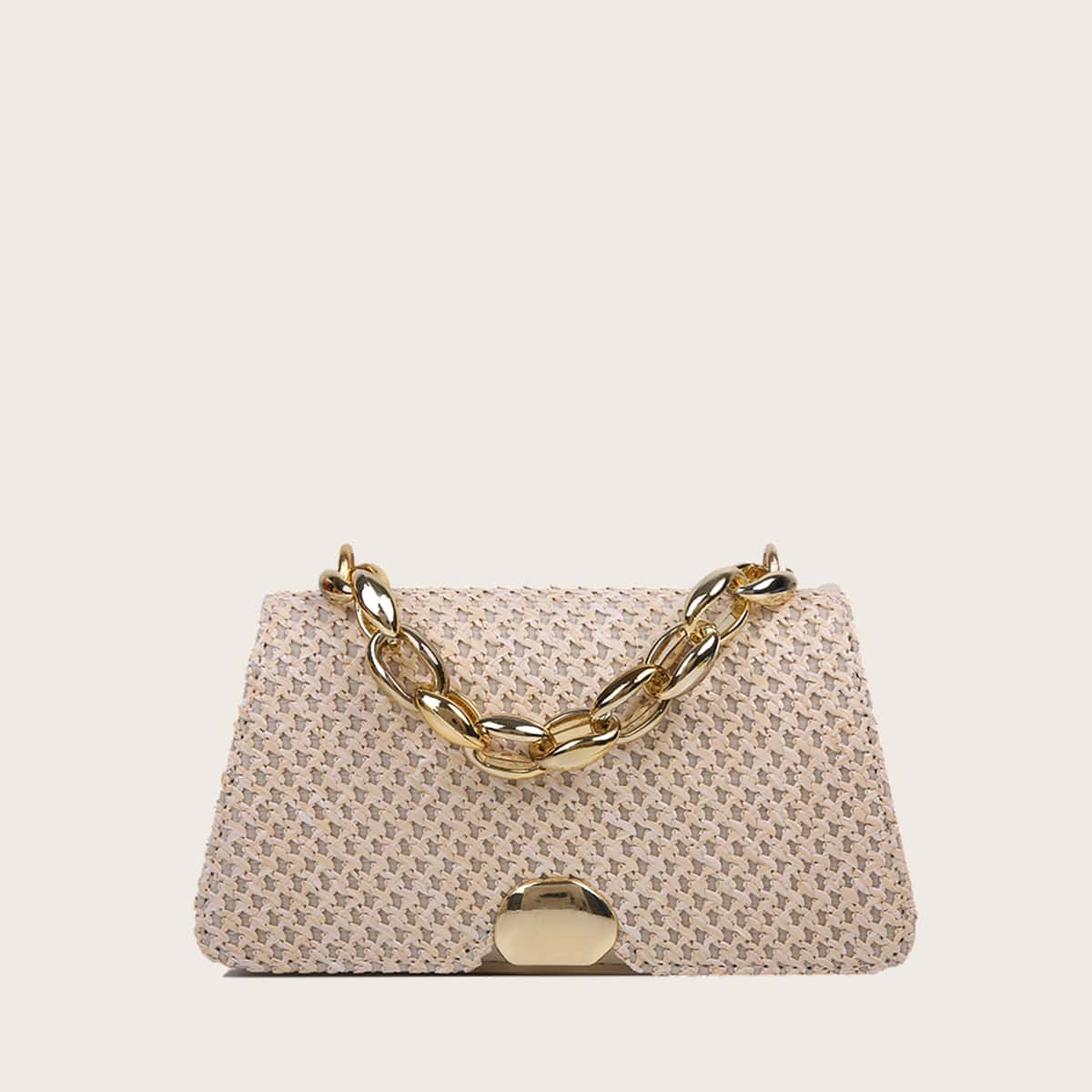 

Metal Lock Straw Bag, Beige
