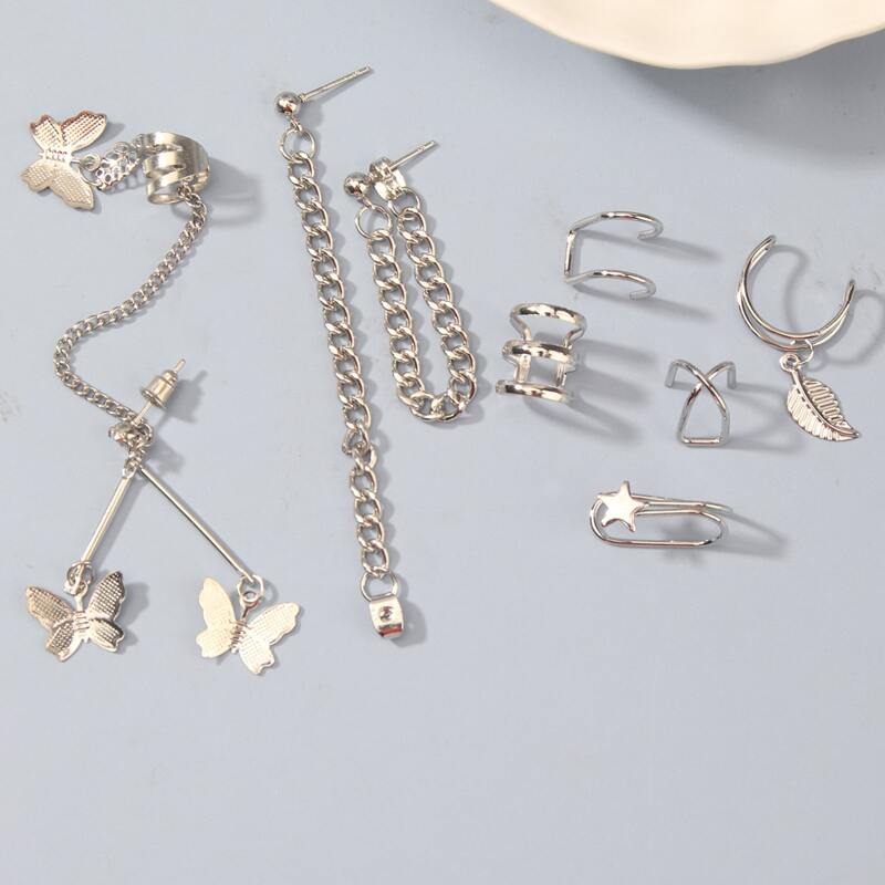 8pcs Butterfly & Star Earrings, Silver