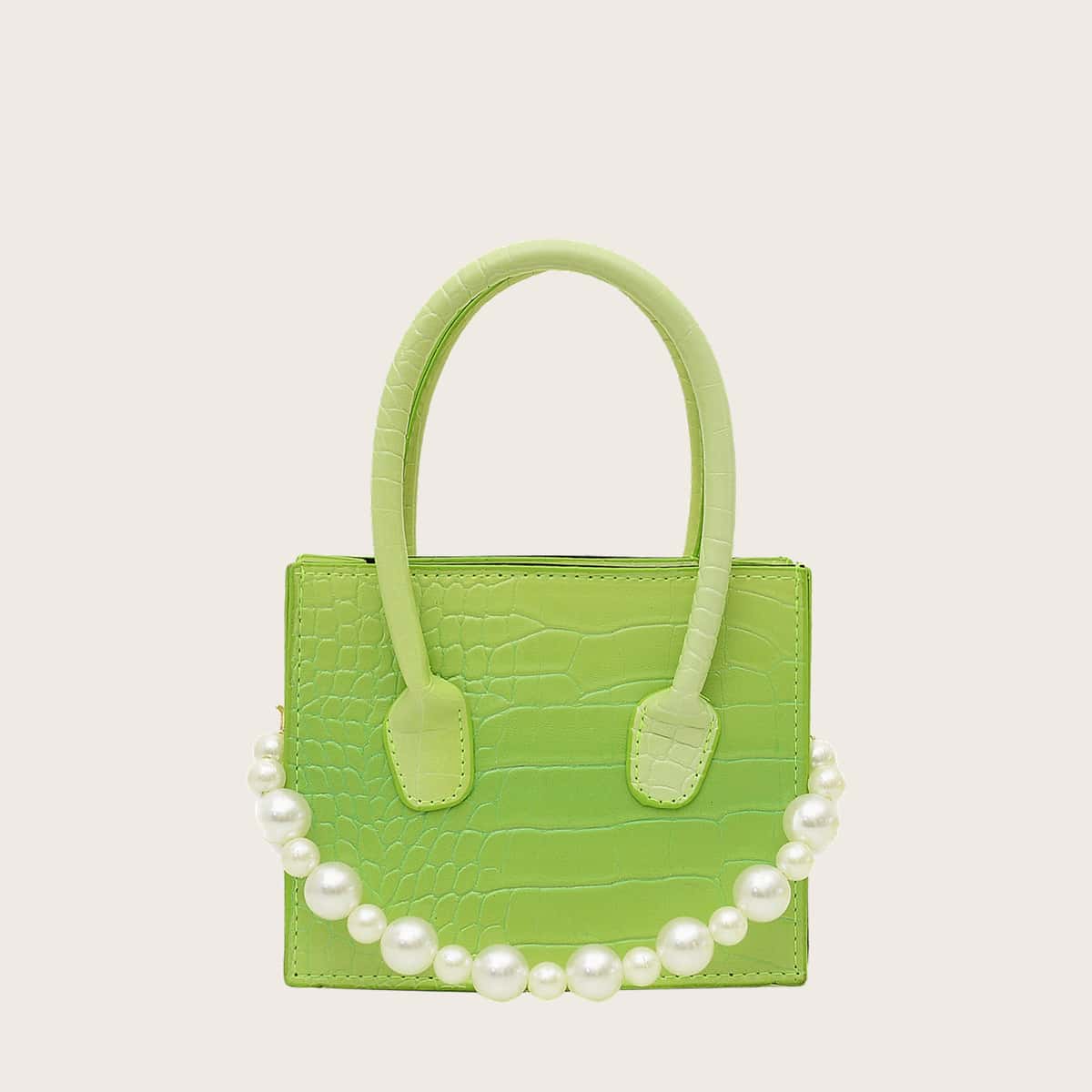 

Faux Pearl Decor Croc Embossed Satchel Bag, Green