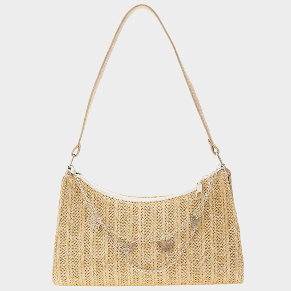 

Butterfly & Chain Decor Straw Bag, Khaki