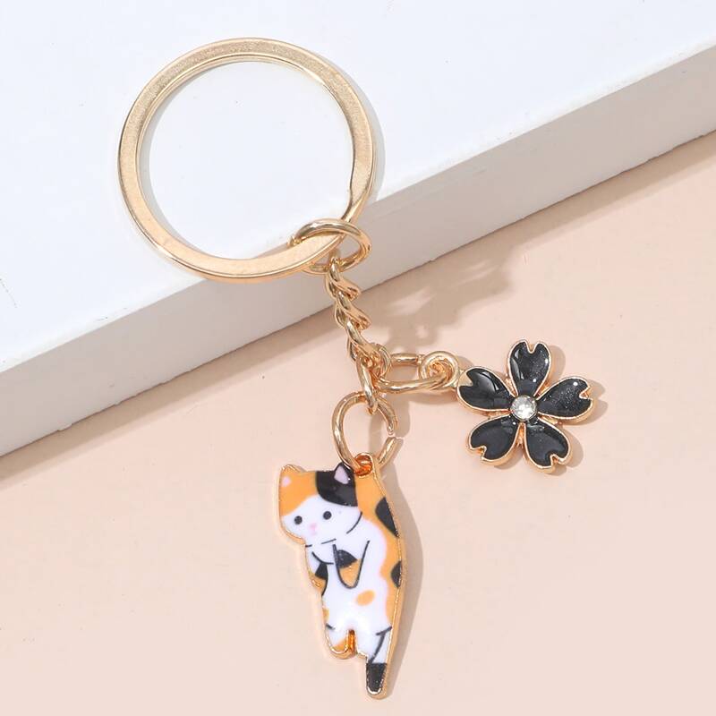 

1pc Floral & Cat Keychain, Coffee brown