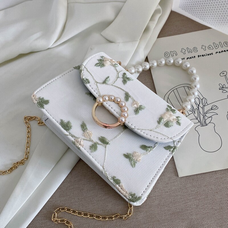 

Faux Pearl Decor Flower Embroidered Satchel Bag, White