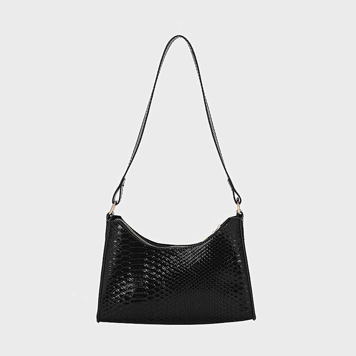 

Snakeskin Embossed Shoulder Bag, Black