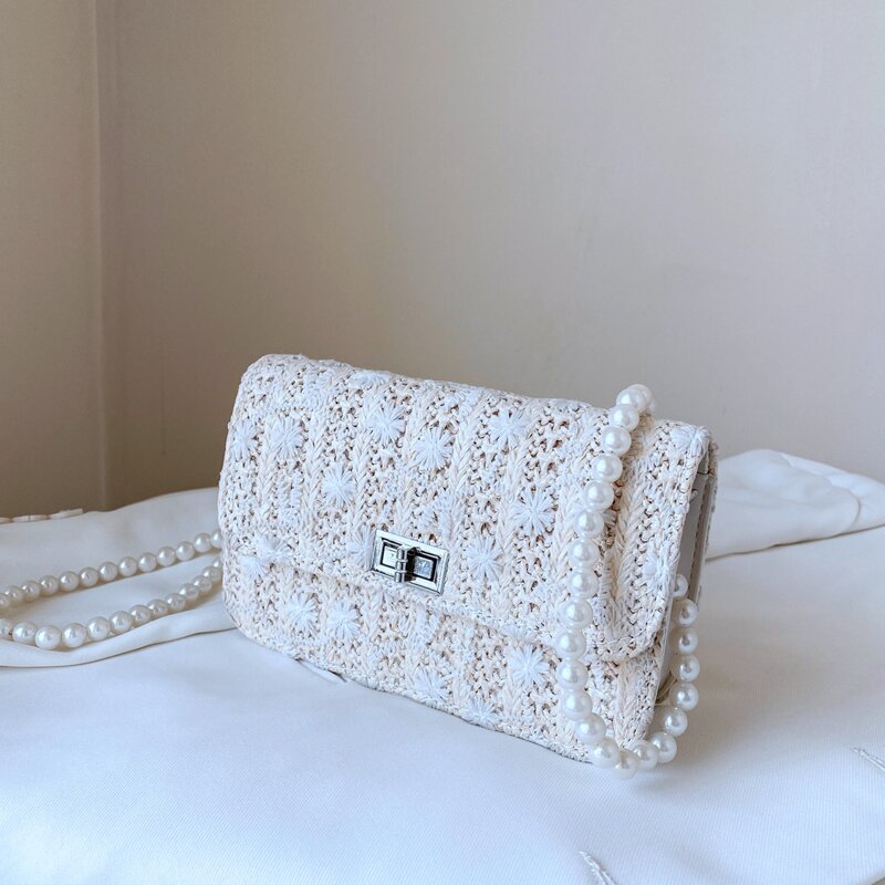 

Turn-lock Floral Woven Crossbody Bag, White
