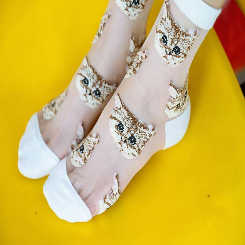 

1pair Cat Graphic Crew Socks, White