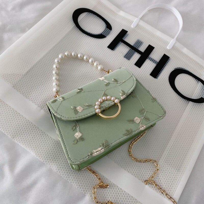 

Faux Pearl Decor Flower Embroidered Satchel Bag, Green