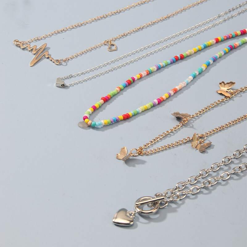 

5pcs Heart & Butterfly Decor Necklace, Multicolor