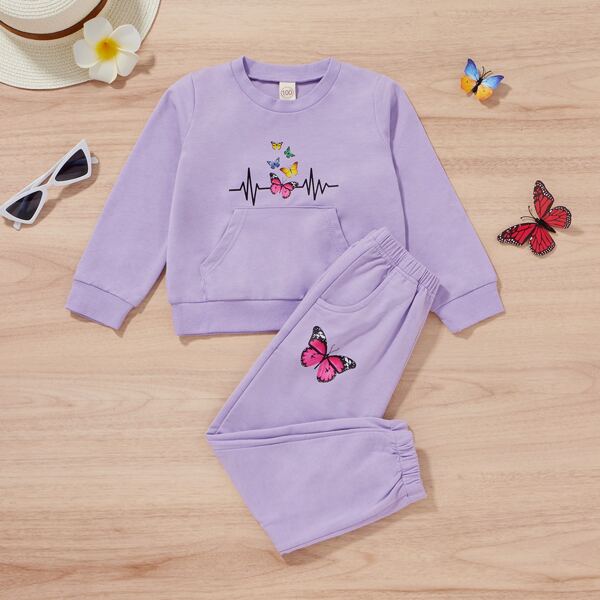 

Toddler Girls Butterfly Print Sweatshirt With Sweatpants, Purple