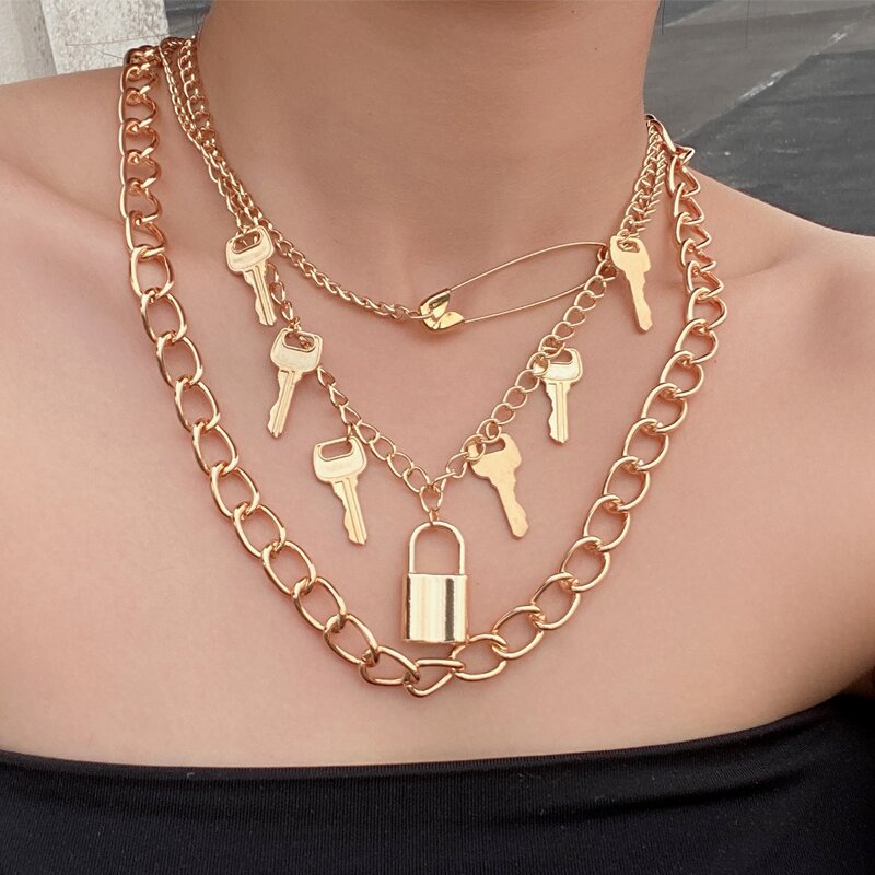 3pcs Lock & Key Pendant Chain Necklace, Gold