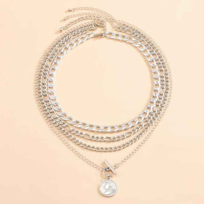

4pcs Round Pendant Chain Necklace, Silver