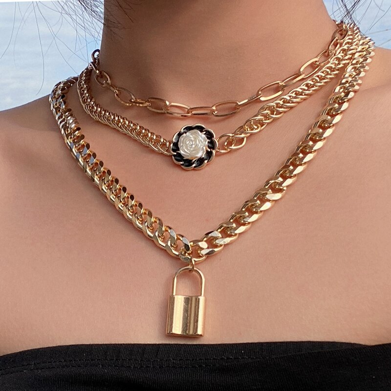 

3pcs Lock Pendant Chain Necklace, Gold