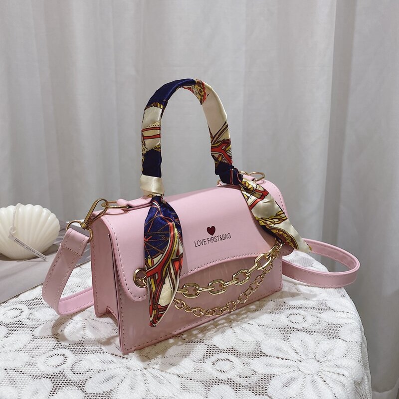 

Twilly Scarf & Chain Decor Satchel Bag, Pink