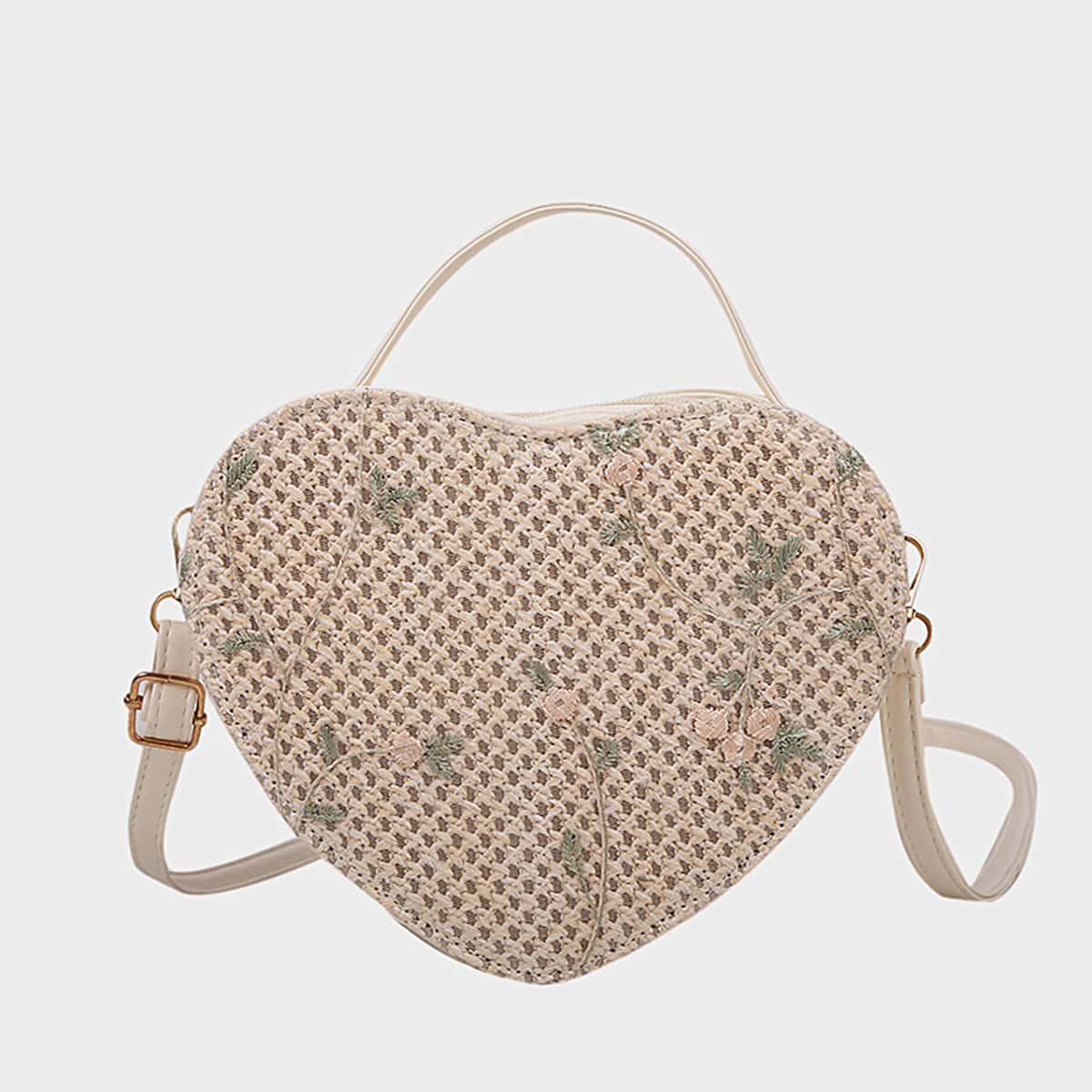 

Heart Shaped Woven Satchel Bag, Beige