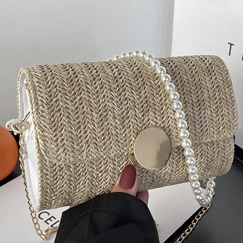 

Faux Pearl Handle Straw Bag, Khaki