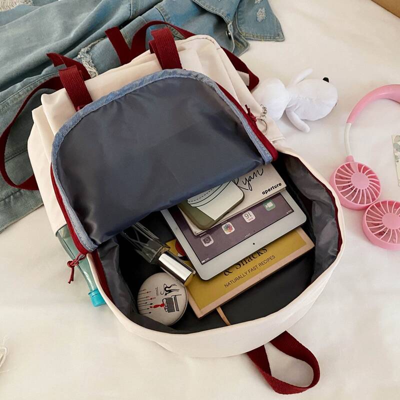 

Letter Embroidered Buckle Front Backpack, Beige