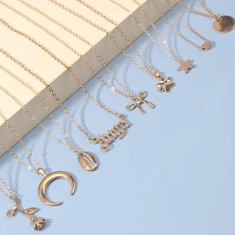 

9pcs Bow & Star Charm Necklace, Gold