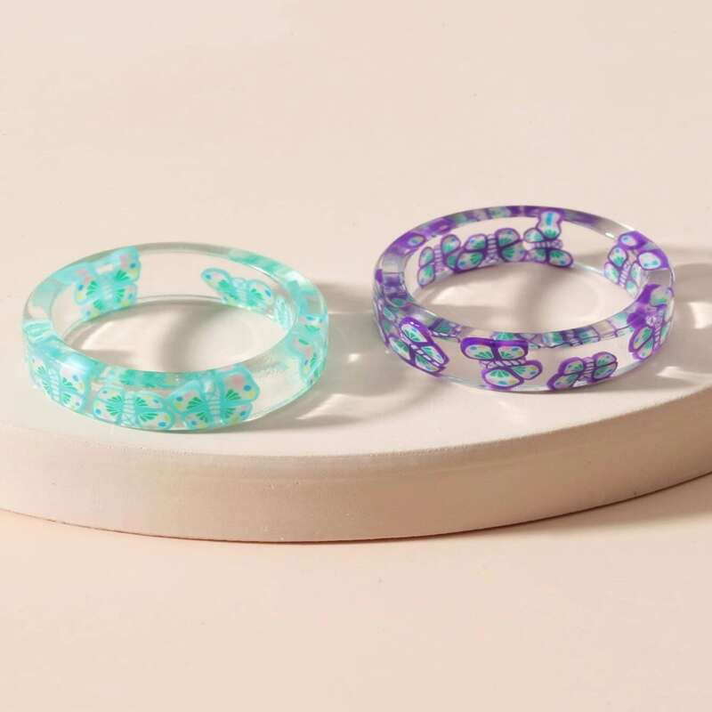 

2pcs Clear Butterfly Print Ring, Multicolor