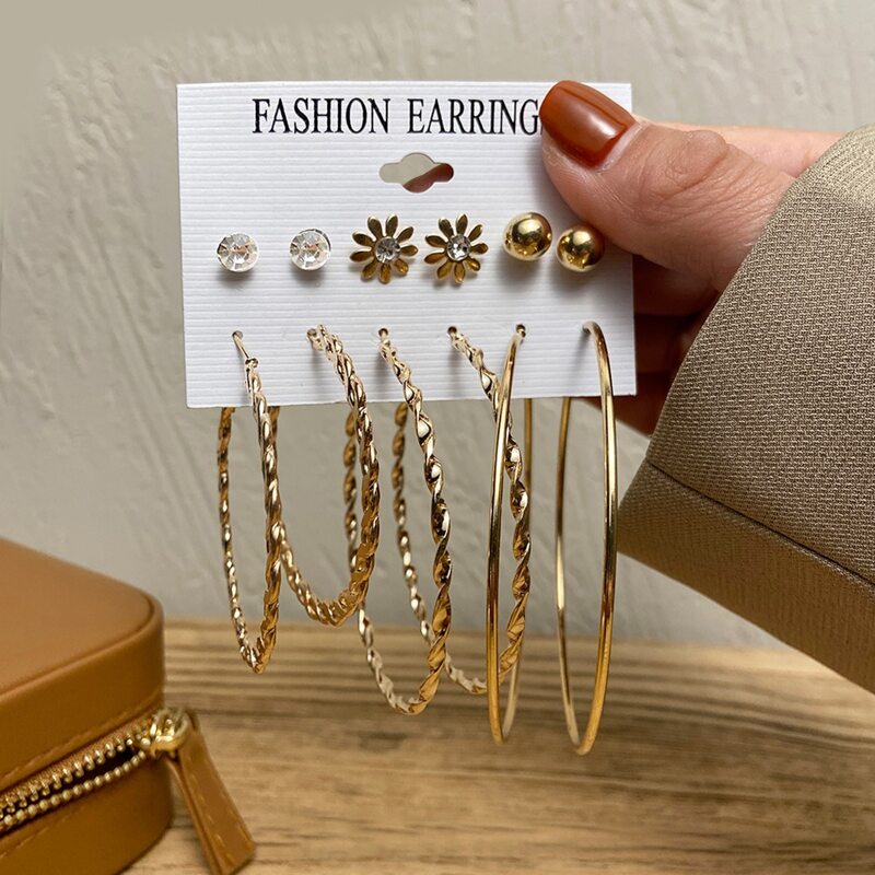 

6pairs Rhinestone Stud & Hoop Earrings, Gold