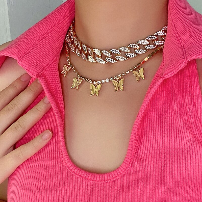 

2pcs Rhinestone & Butterfly Decor Necklace, Gold