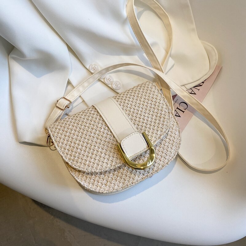 

Metal Decor Straw Saddle Bag, Beige