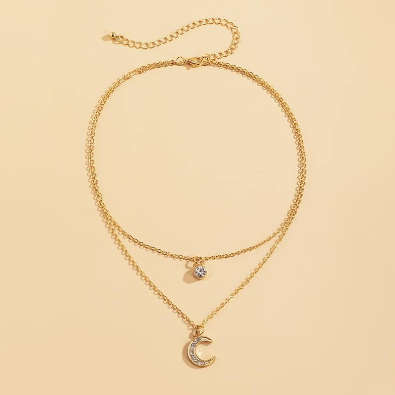 

Rhinestone Decor Moon Pendant Necklace, Gold